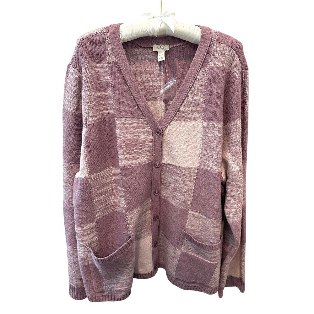 LOGO by LORI GOLDSTEIN | Pink Mauve Patchwork Knit Cardigan Sweater New | XL